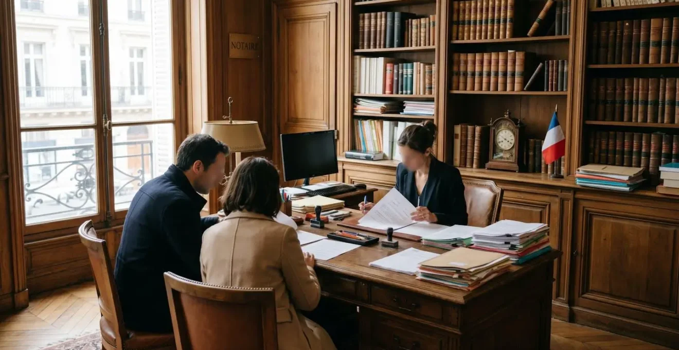 A couple reviewing property documents at a notary's desk in a traditional French office setting