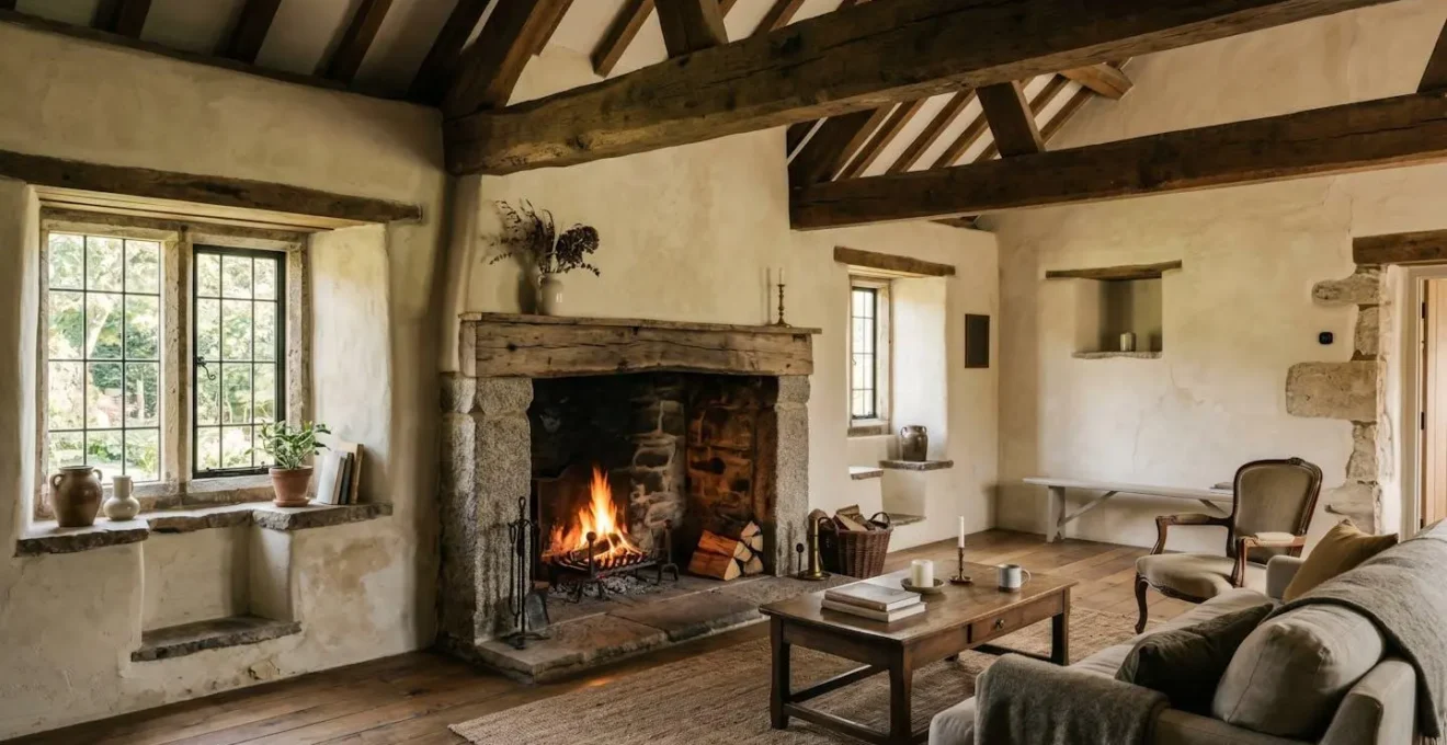 Interior of a restored Limousin stone farmhouse showing original exposed oak beams and granite fireplace