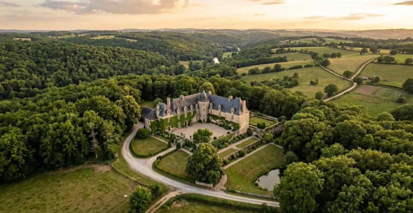 Aerial view of a traditional Limousin stone manor surrounded by rolling green hills at golden hour